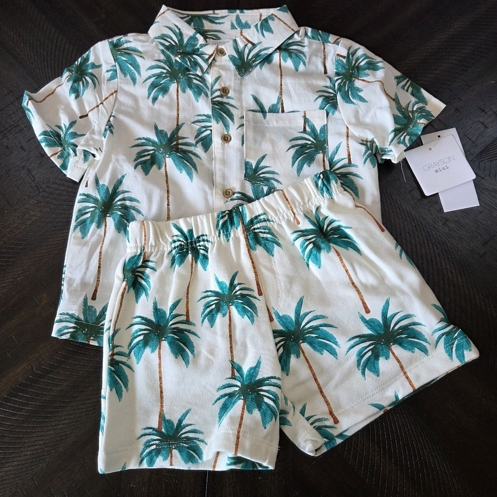 Palm Tree Print Shirt & Shorts Set NWT Vacation Beach Travel Size 4T Kids Boys - Picture 2 of 12
